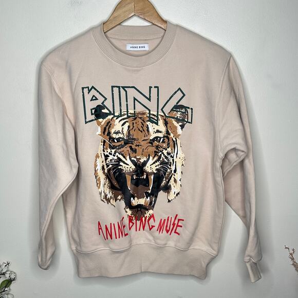 ANINE BING Tiger Muse Sweatshirt Taupe Cream Sz S $220 {X12} - Picture 4 of 7
